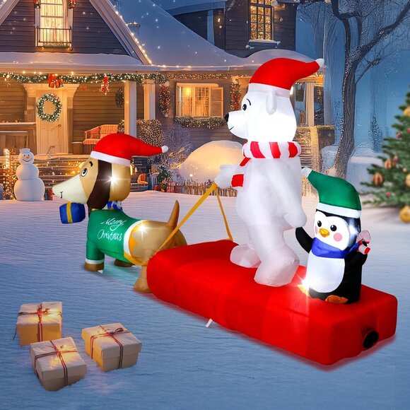 ⚡8FT Christmas Inflatables Weiner Dog Sleigh Bear&Penguins Outdoor Decorations - Picture 5 of 7